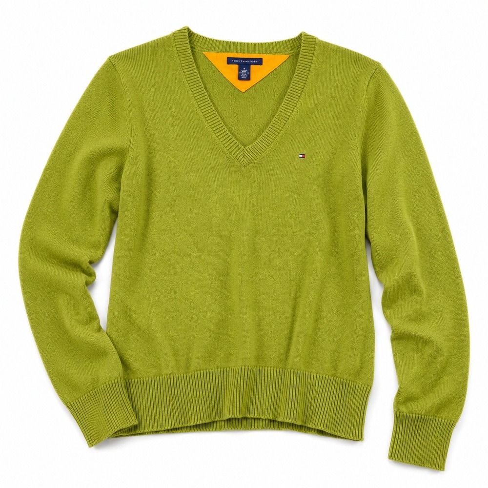 Tommy Hilfiger V-Neck Knit Sweater Olive Green Logo Cotton Women's Medium